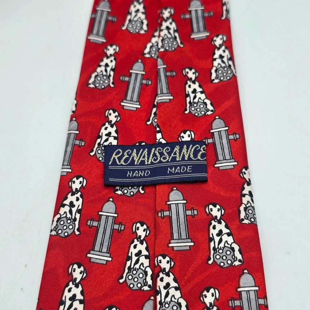 Renaissance Mens 100% Silk‎ Tie Red Dalmatian Dog Fire Hydrant Novelty 3.75 Inch